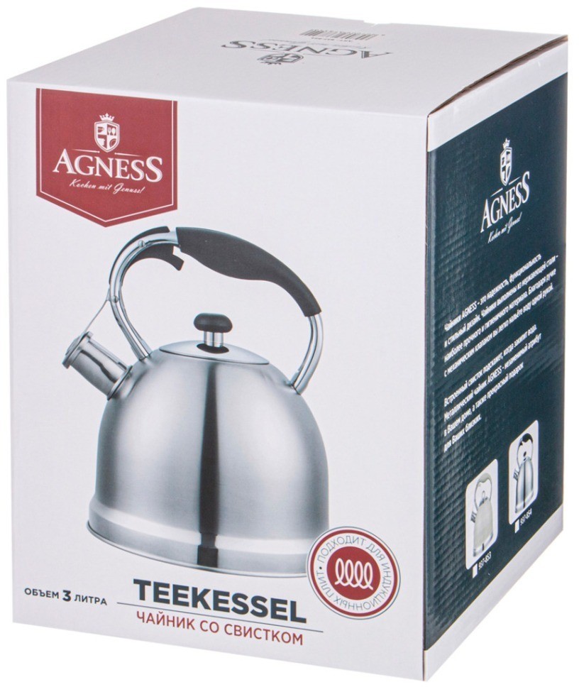 Чайник agness со свистком, 3л c индукцион. капсульным дном цвет: стальной (937-854)