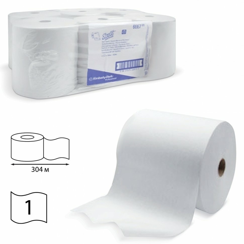 Полотенца бумажные рулонные Kimberly-Clark Scott комп. 6 шт. 304 м белые диспенсер 126122 (90758)