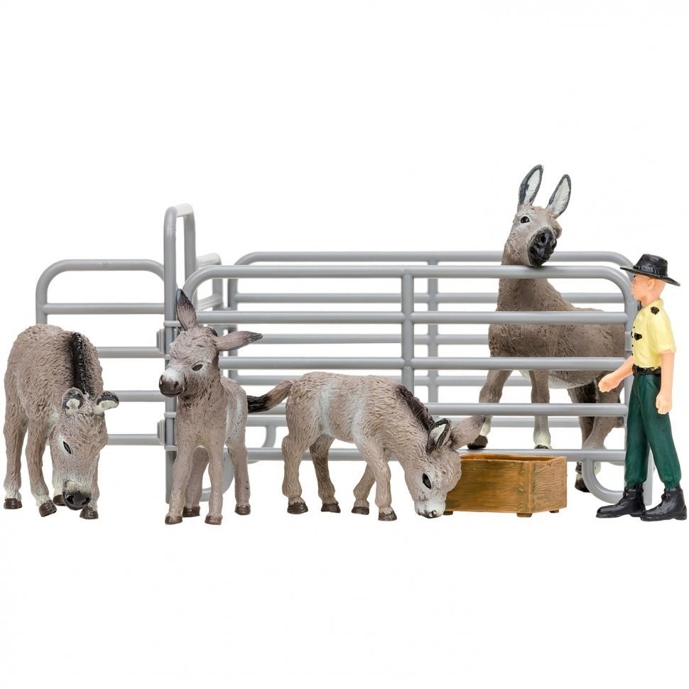Игрушки фигурки в наборе серии "На ферме", 7 предметов (фермер, семья осликов ограждение-загон, инвентарь) (ММ205-014)