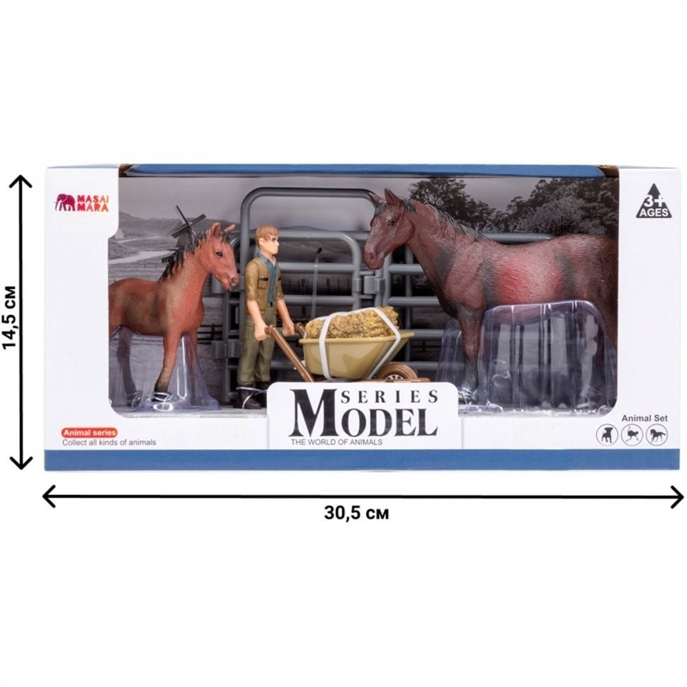 Игрушки фигурки в наборе серии "На ферме", 6 предметов: Фризская конь и жеребенок, фермер, ограждение-загон, инвентарь (ММ205-022)