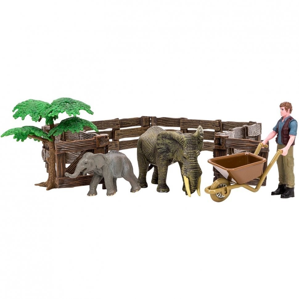 Игрушки фигурки в наборе серии "На ферме", 6 предметов (фермер, слон и слоненок, ограждение-загон, дерево, тележка) (ММ205-034)