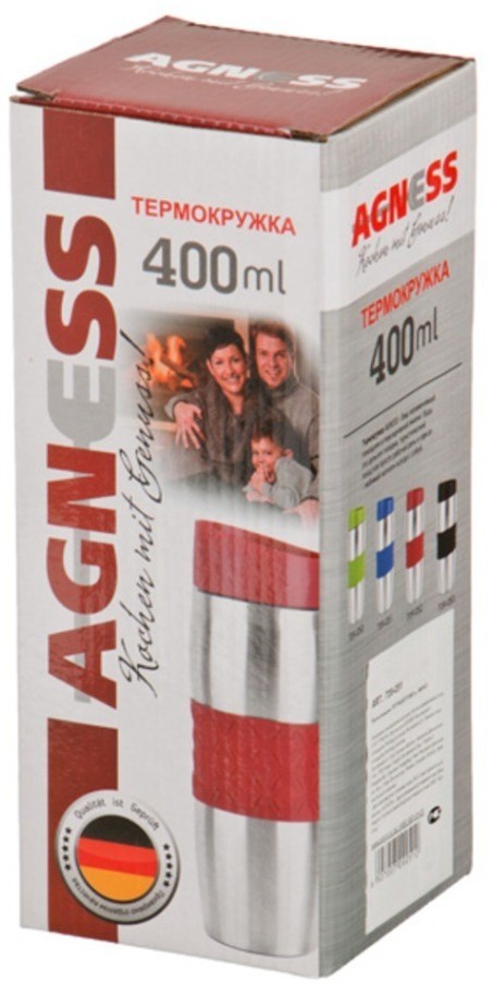 Термокружка agness 400 мл. с силиконовой вставкой и кнопкой-стоппером (709-053)