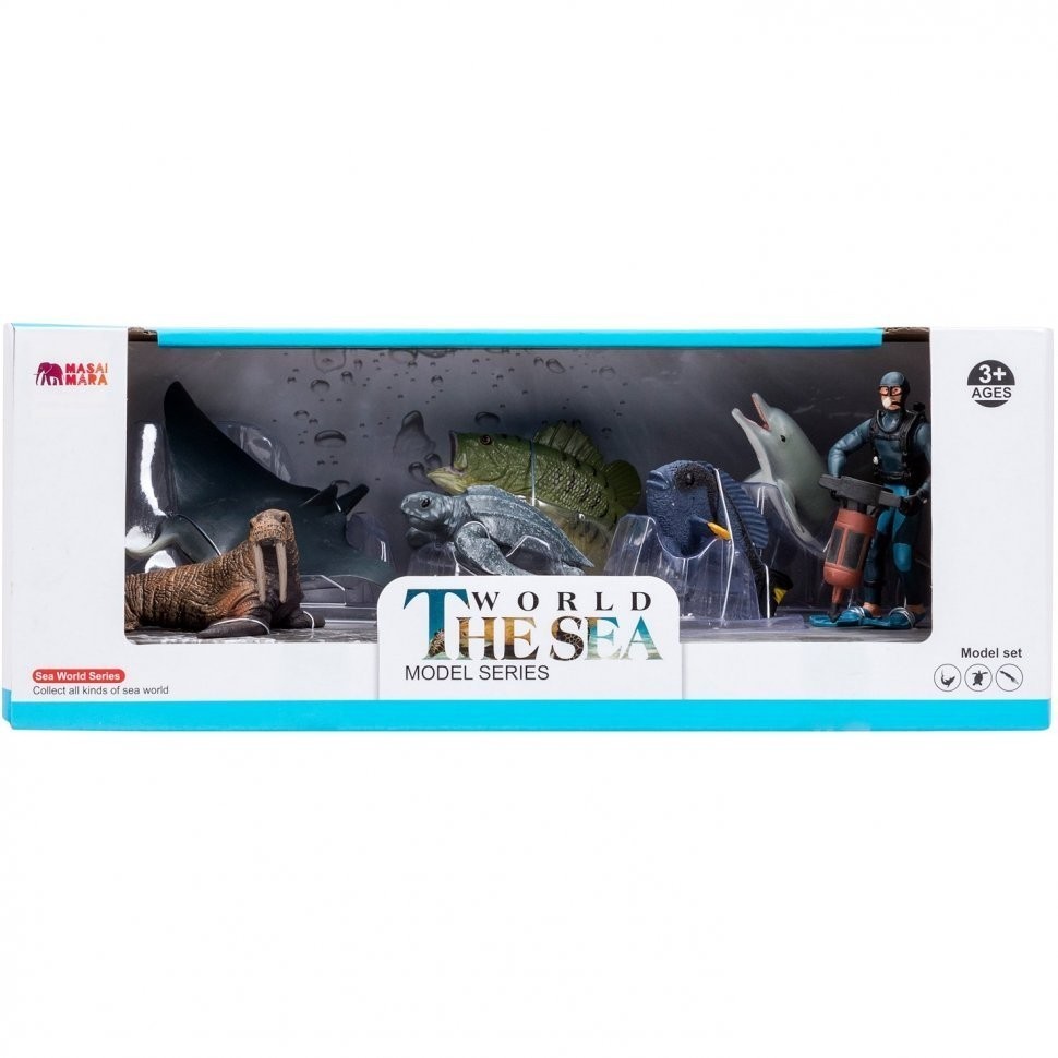 Фигурки игрушки серии "Мир морских животных": Манта, морж, кожистая черепаха, рыбка-хирург, дельфин, окунь, дайвер (набор из 6 фигурок животных и 1 ч (ММ203-016)