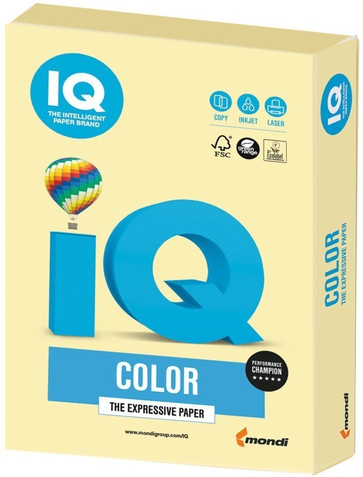 Бумага цветная для принтера IQ Color А4, 160 г/м2, 250 листов, желтая, YE23 (65415)
