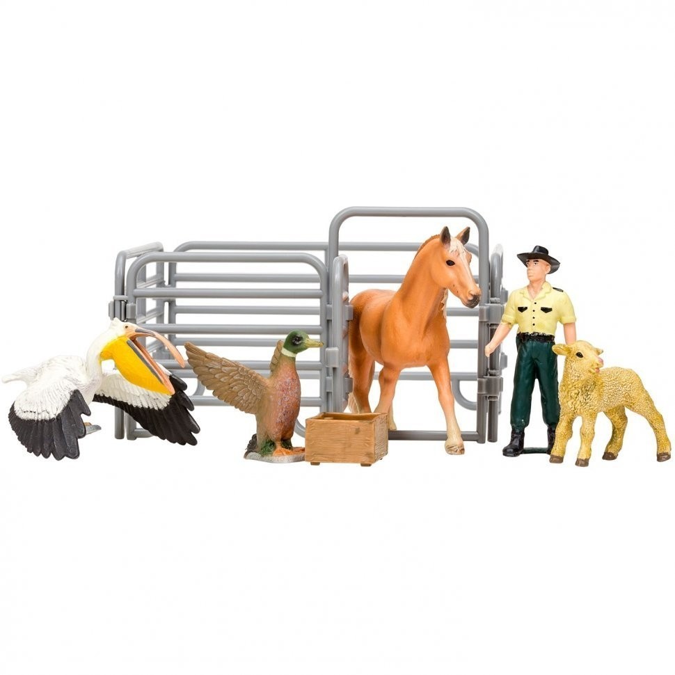 Игрушки фигурки в наборе серии "На ферме", 10 предметов (фермер, лошадь, овца, утка, пеликан, ограждение-загон, инвентарь) (ММ205-016)