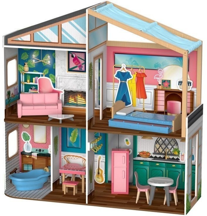 Деревянный кукольный домик с магнитным дизайном интерьера 14 предметов, с мебелью 15 предметов в наборе, для кукол 30 см (10154_KE)
