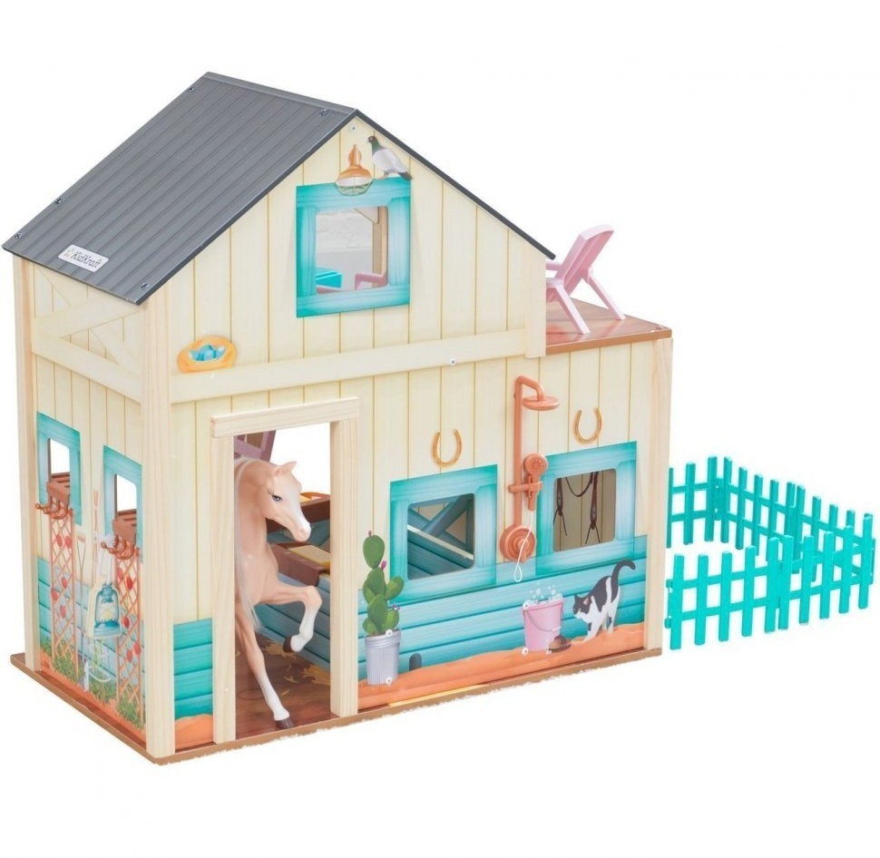 Деревянный кукольный домик "Конюшня Сладкий луг", открытый на 360°, с мебелью 24 предмета в наборе, для кукол 30 см (63534_KE)