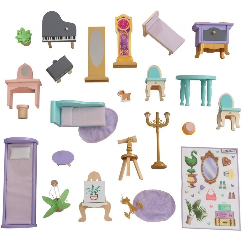 Деревянный кукольный домик "Зачарованный Замок", с мебелью 25 предметов в наборе, свет, звук, для кукол 30 см (10153_KE)
