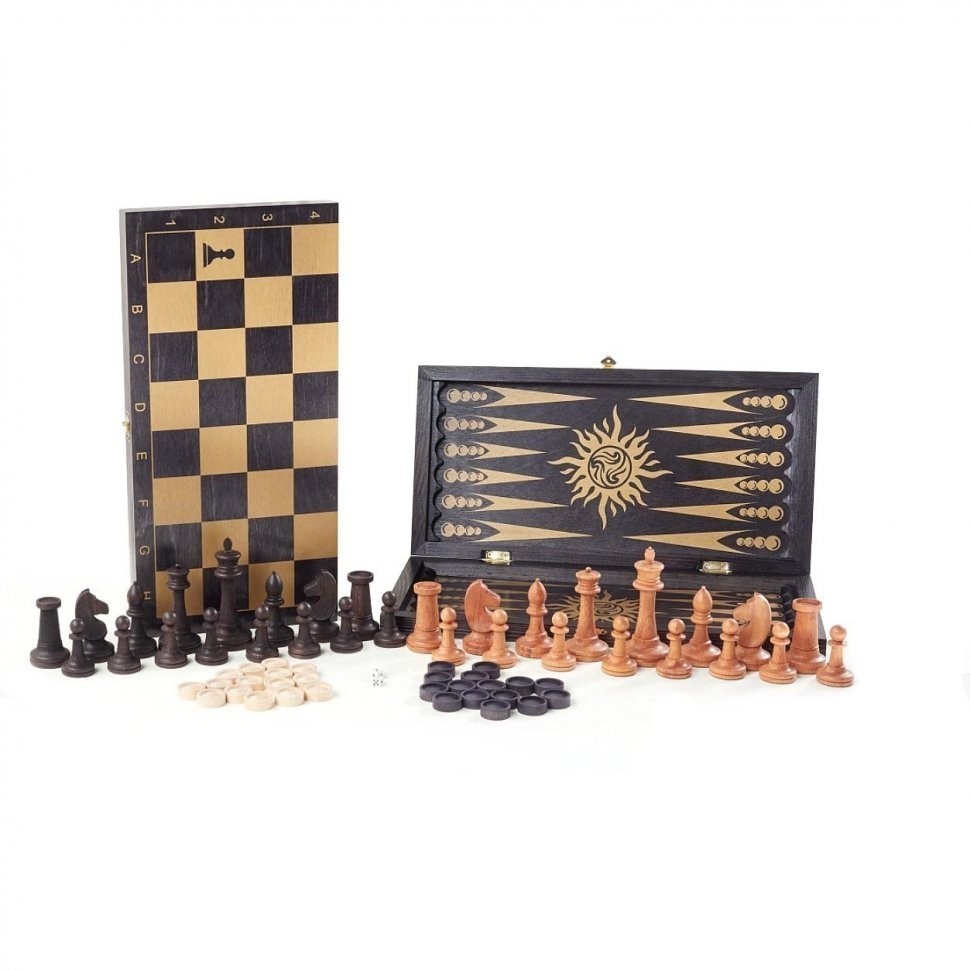 Игра 3в1 малая черная, рисунок золото с гроссмейстерскими буковыми шахматами (нарды, шахматы, шашки) (46248)