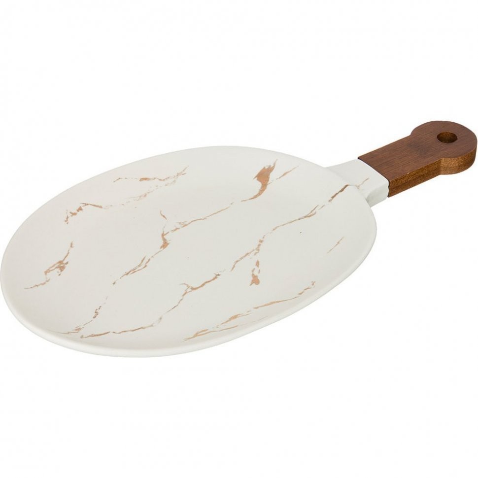 Блюдо для сервировки с деревянной ручкой коллекция "золотой мрамор" цвет: white 37,5*19*2,4 см Lefard (412-125)