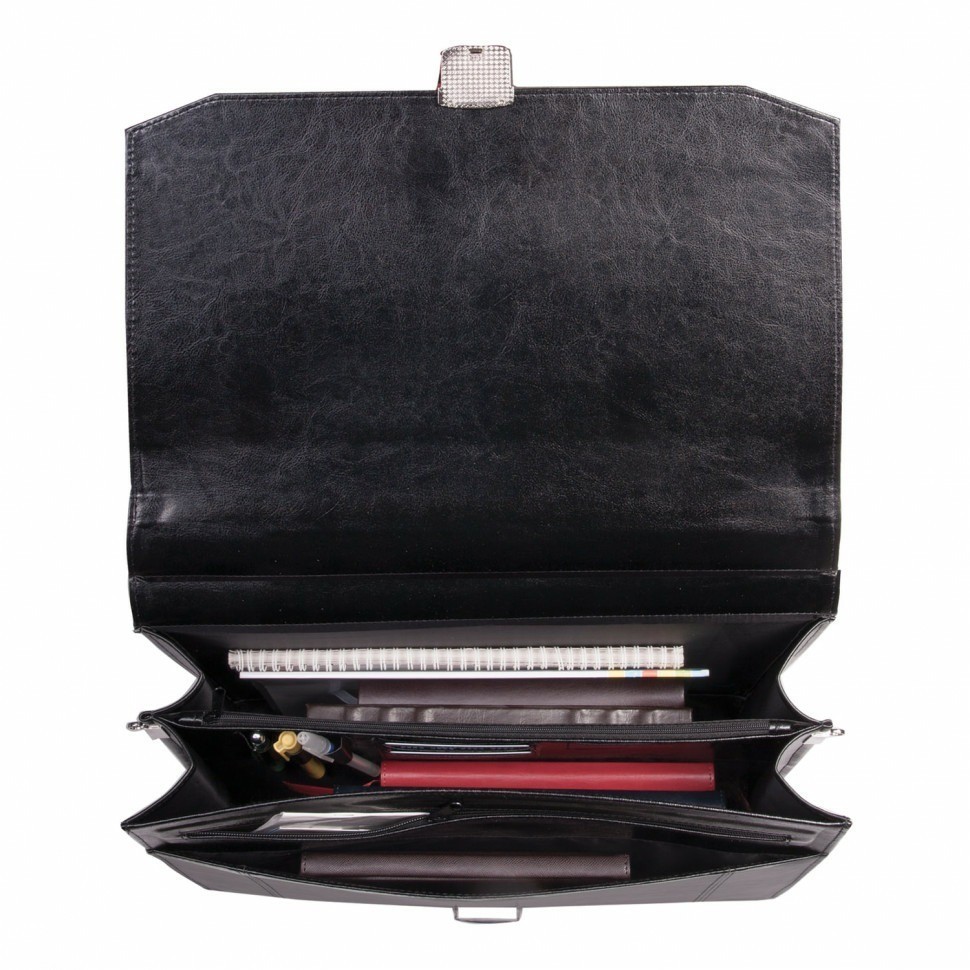 Портфель "Бизнес" 41х34х10 см искусственная кожа 3 отделения замок с ключом черный 240001 (89730)