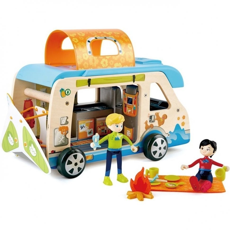 Деревянный кукольный домик "Фургон для приключений", с аксессуарами 20 предметов, 2 куклами в наборе, для кукол 15 см (E3407_HP)