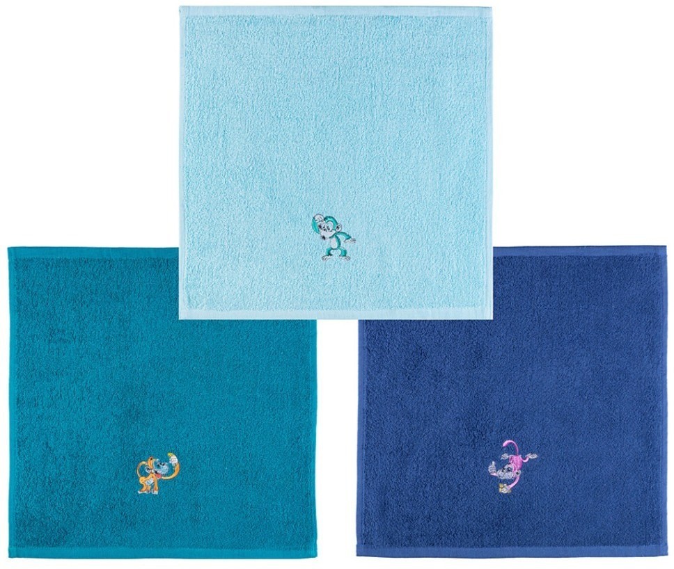 Комплект салфеток махровых "monkey",35х35см-3шт,мятный,синий, бирюза 100% хлопок SANTALINO (850-600-80)