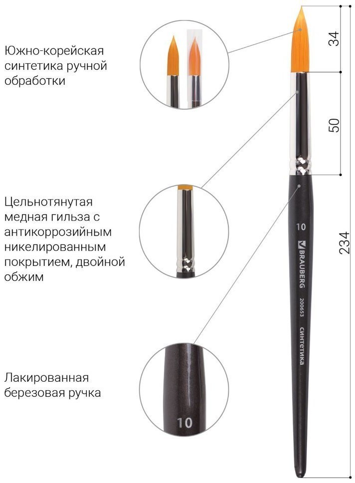 Кисть художественная синтетика жесткая круглая № 10 короткая ручка 200653 (5) (69400)