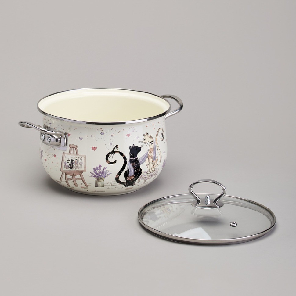 Кастрюля agness эмалированная со стеклянной крышкой серия "lavender cats", 3,8 л диа. 22см (943-078)