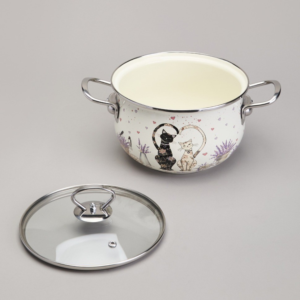 Кастрюля agness эмалированная со стеклянной крышкой серия "lavender cats", 2,8 л диа. 20см (943-077)