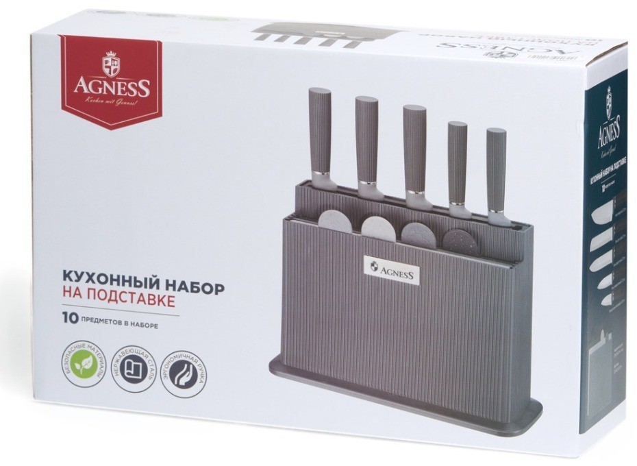 Набор agness из 10пр: 5 ножей, 4 доски и подставка, цвет: черно-серый (671-215)