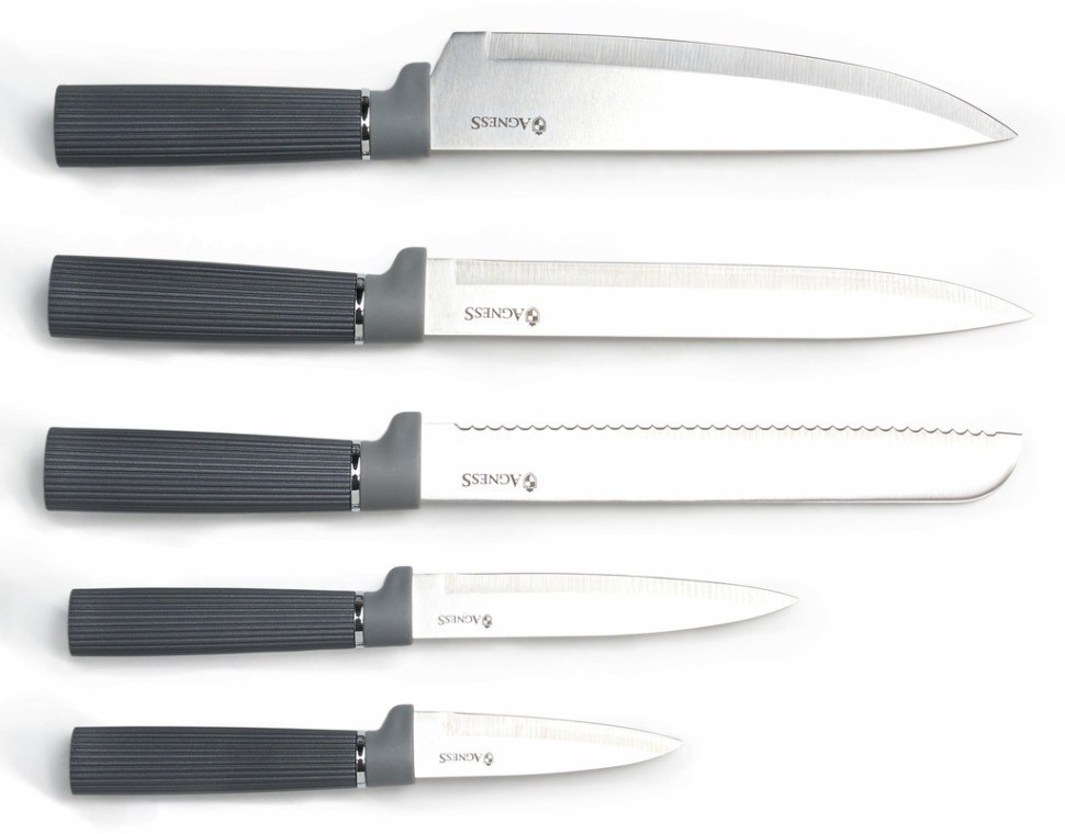 Набор agness из 10пр: 5 ножей, 4 доски и подставка, цвет: черно-серый (671-215)