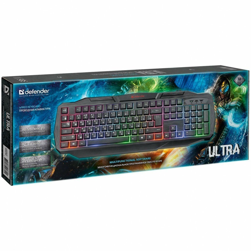 Клавиатура проводная Defender Ultra HB-330L USB 104 клавиши с подсветкой черная 513415 (89902)