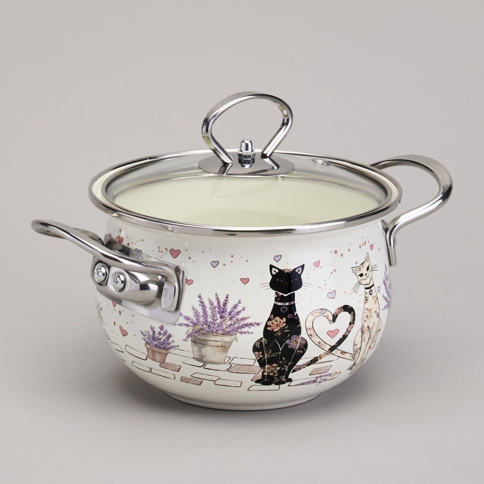 Кастрюля agness эмалированная со стеклянной крышкой серия "lavender cats", 1,5 л диа. 16см (943-075)