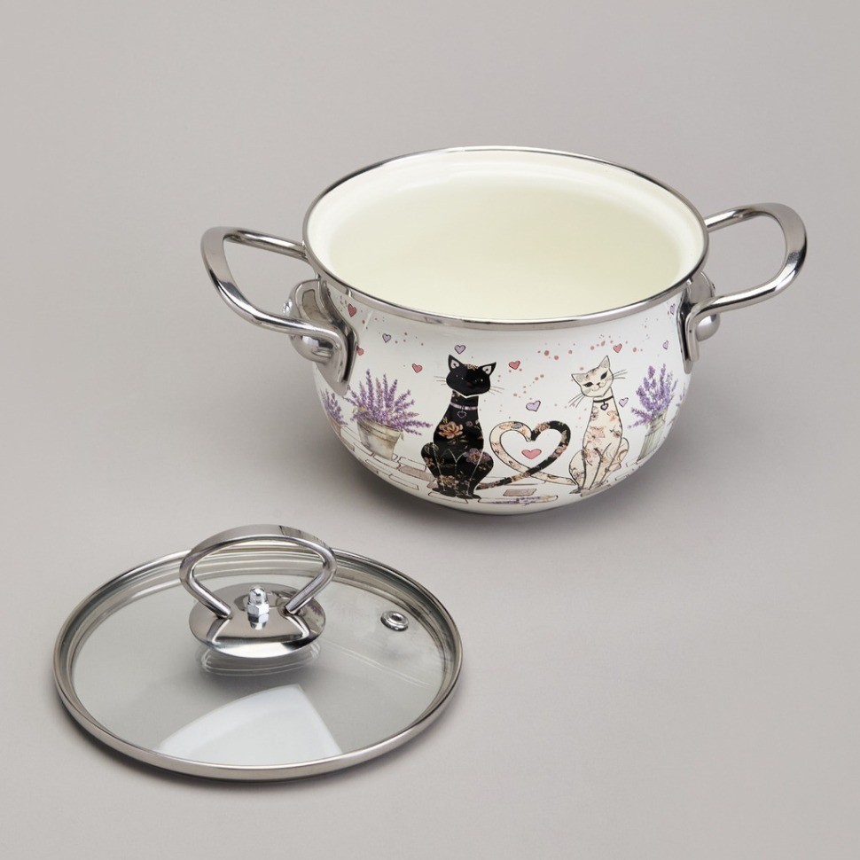 Кастрюля agness эмалированная со стеклянной крышкой серия "lavender cats", 1,5 л диа. 16см (943-075)