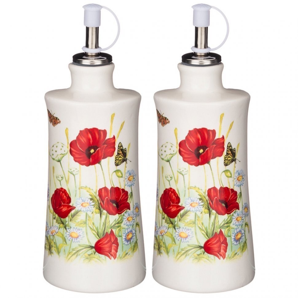Набор для масла/уксуса "полевые маки" 2пр. 6,5*6,5 см. высота=14,5 см. / 300 мл. Agness (358-1769)