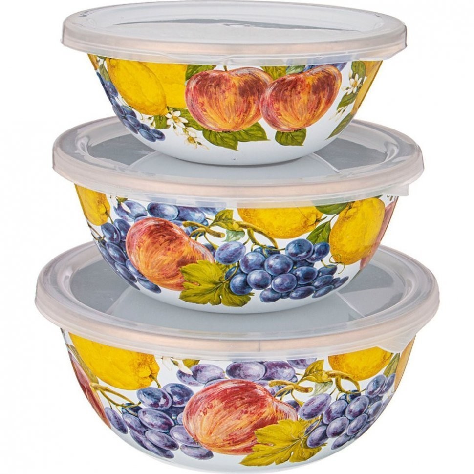 Набор мисок agness эмалированных с пластик.крышками, серия фландрия 6пр 0,6/0,9/1,3л диа. 14/16/18см Agness (950-437)