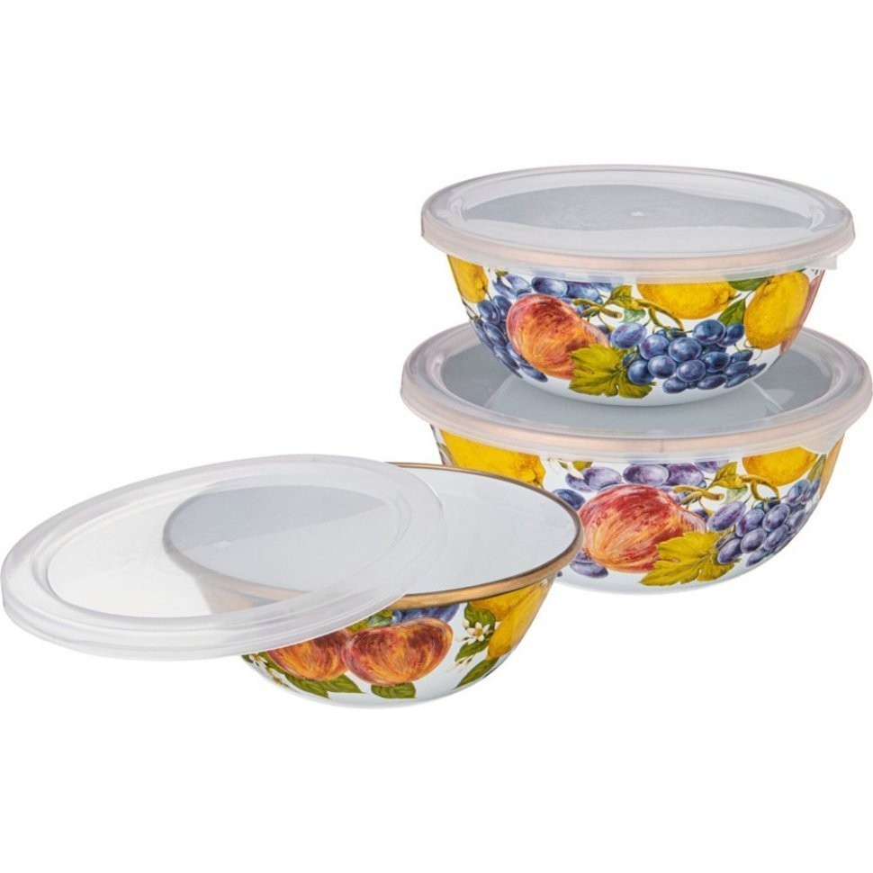 Набор мисок agness эмалированных с пластик.крышками, серия фландрия 6пр 0,6/0,9/1,3л диа. 14/16/18см Agness (950-437)