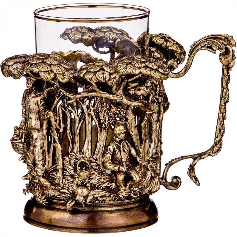 Подстаканник "грибник" латунь,жаропрочное стекло с позолоченной каемкой (385-184)