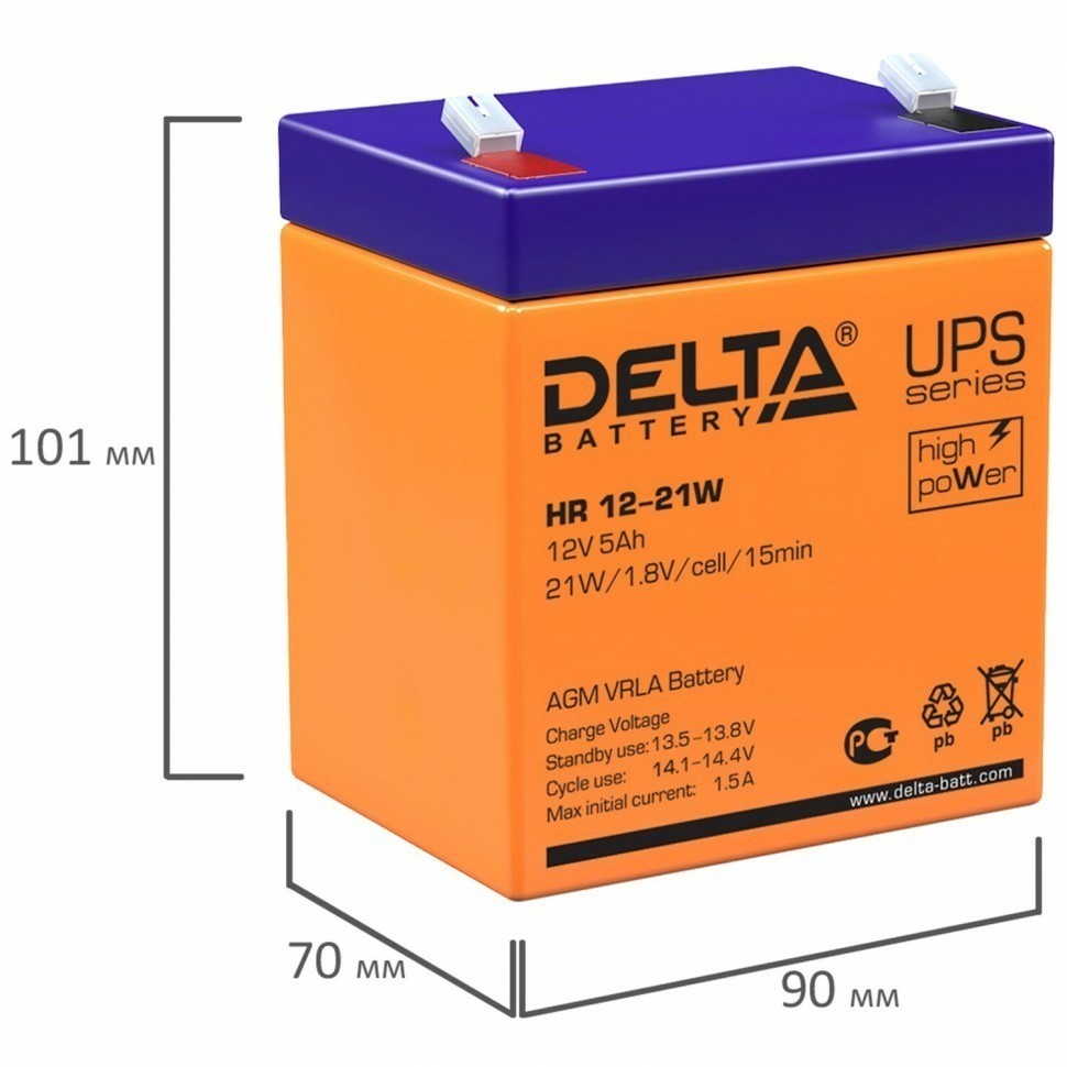 Аккумуляторная батарея для ИБП 12 В 5 Ач 90х70х101 мм DELTA HR 12-21 W 354902 (93392)