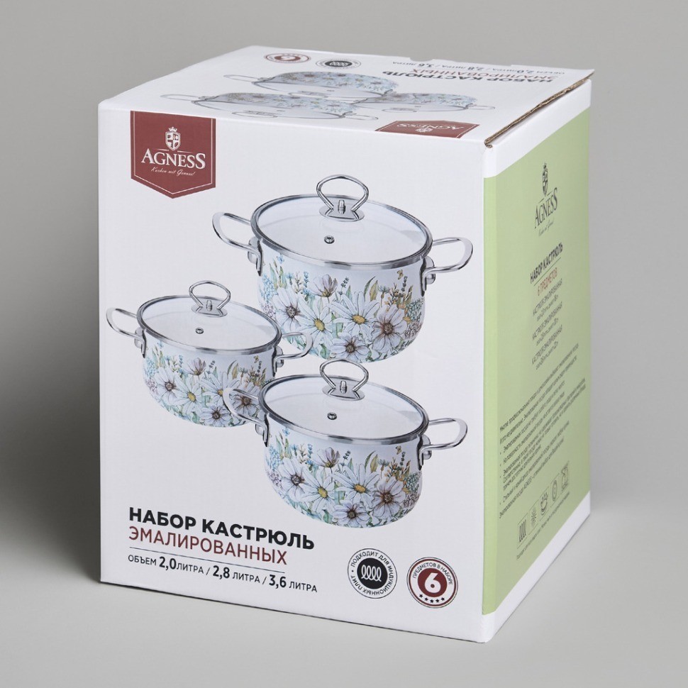 Набор кастрюль agness эмалированных серия "дворцовый парк", 6пр. 2,0/2,8/3,6л,18х11/20х12/22х13см (934-714)