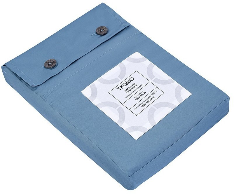 Простыня на резинке из премиального сатина джинсово-синего цвета из коллекции essential,  160х200х30 (79843)