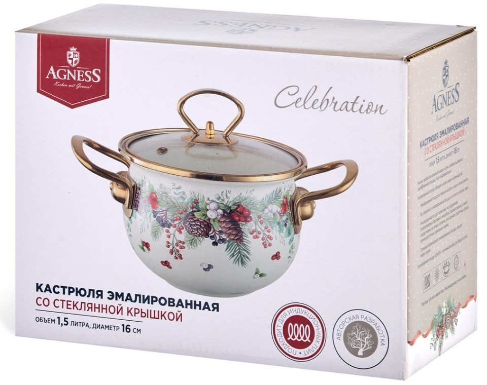 Кастрюля эмалированная agness со стеклянной крышкой серия "celebration", 1.5 л, 16*10 см (943-082)