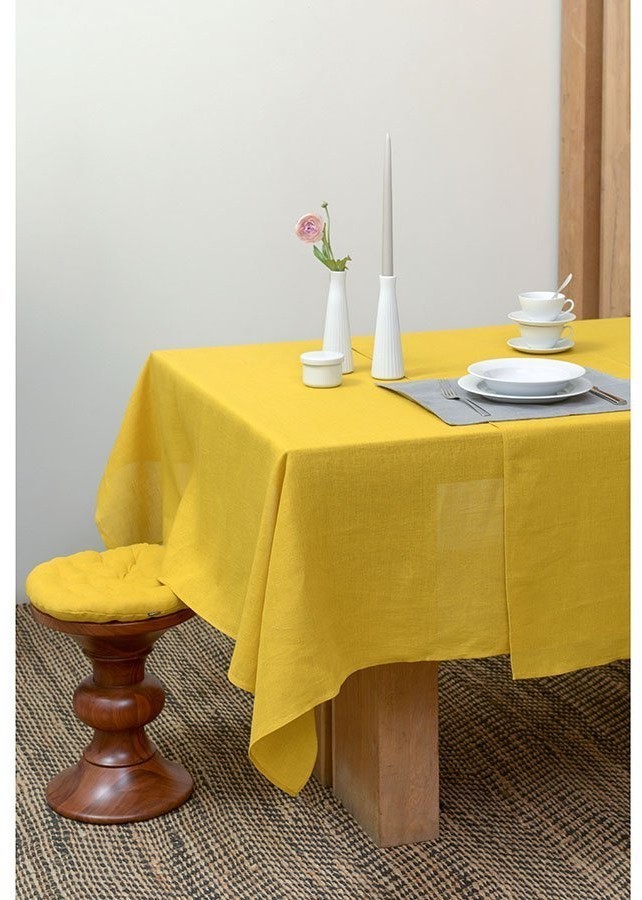 Подушка на стул круглая из стираного льна горчичного цвета из коллекции essential, 40х40x4 см (73780)