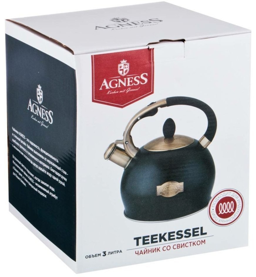 Чайник agness со свистком, серия черное золото, 3,0 л термоаккумулирующее дно, индукция (937-820)