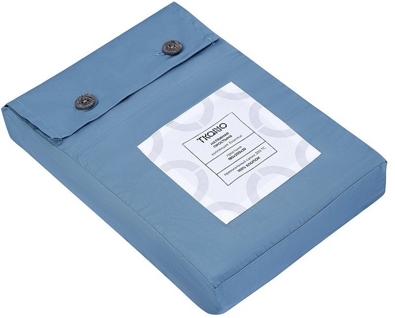 Простыня на резинке из премиального сатина джинсово-синего цвета из коллекции essential,  180х200х30 (79844)