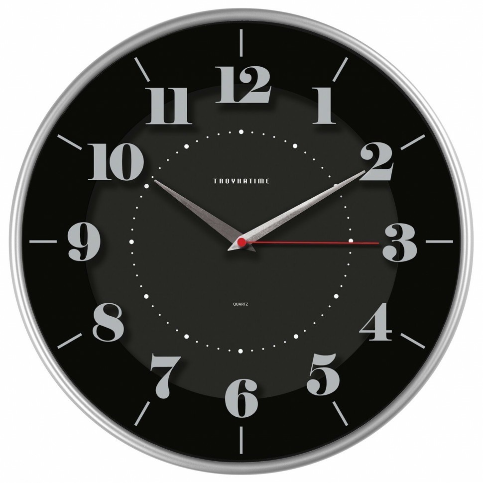 Часы настенные Troykatime (Troyka) круг черные серебристая рамка 30,5х30,5х5 см 454244 (1) (89882)