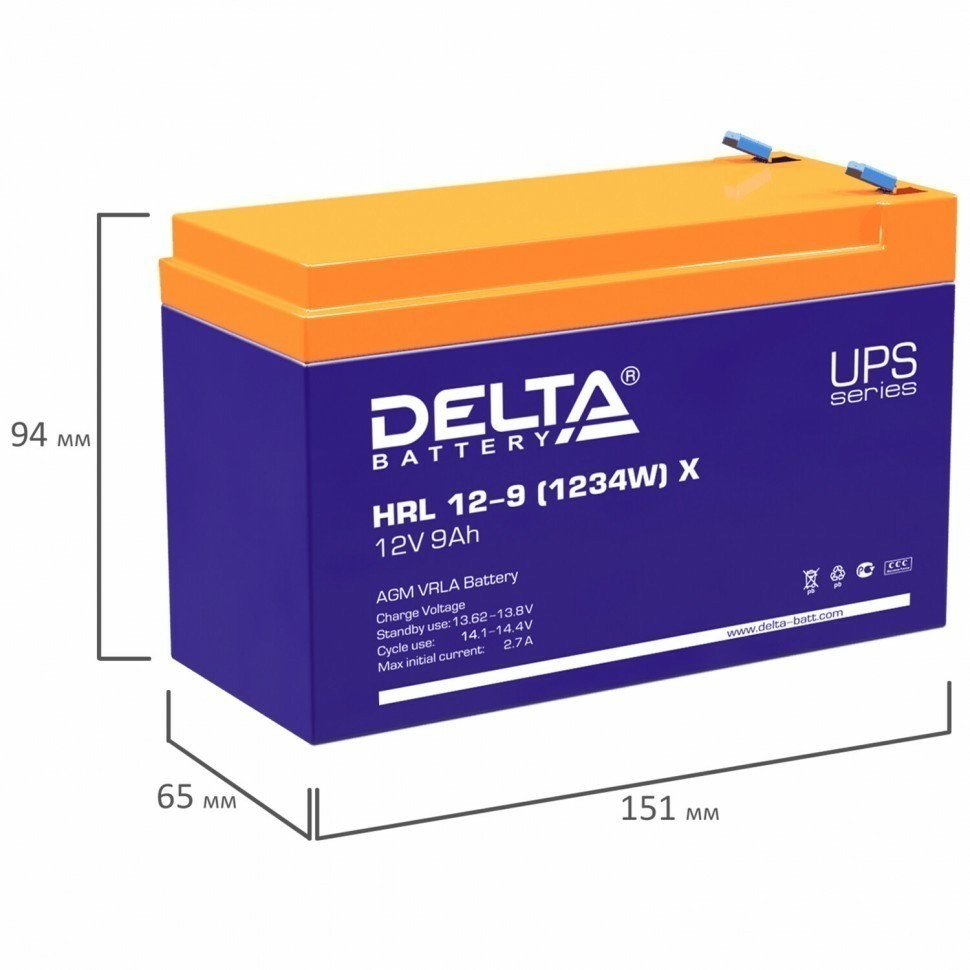 Аккумуляторная батарея для ИБП 12 В 9 Ач 151х65х94 мм DELTA HRL 12-9 12-34W X 354899 (93389)