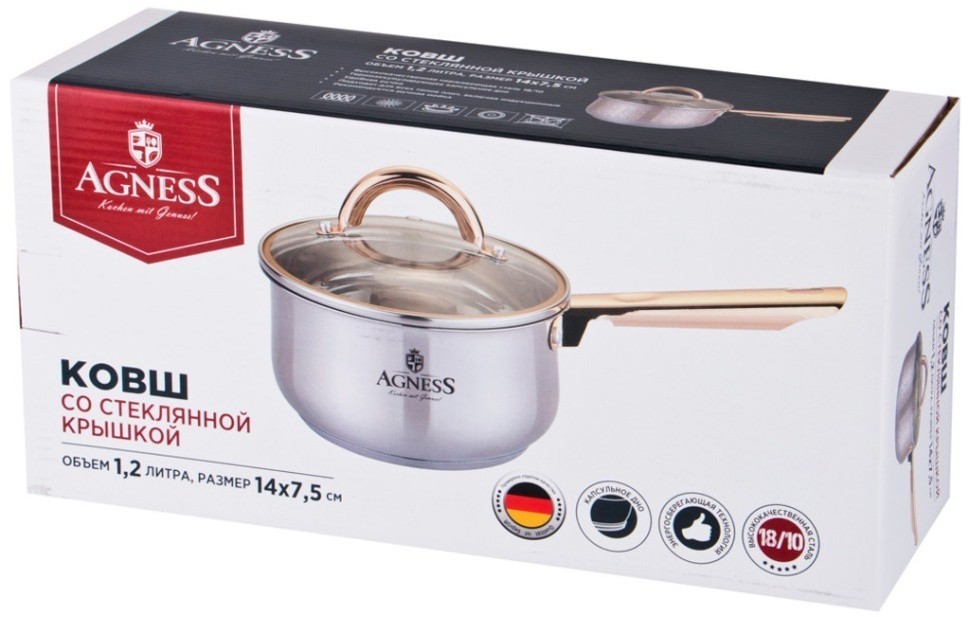 Ковш agness со стекл.крышкой, 1,2л, 14х7,5см,высококачественная нерж.сталь 18/10, индукцион.дно Agness (937-740)
