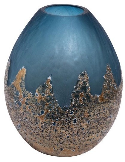 Ваза стеклянная голубая с золотом H29D23 (TT-00001455)