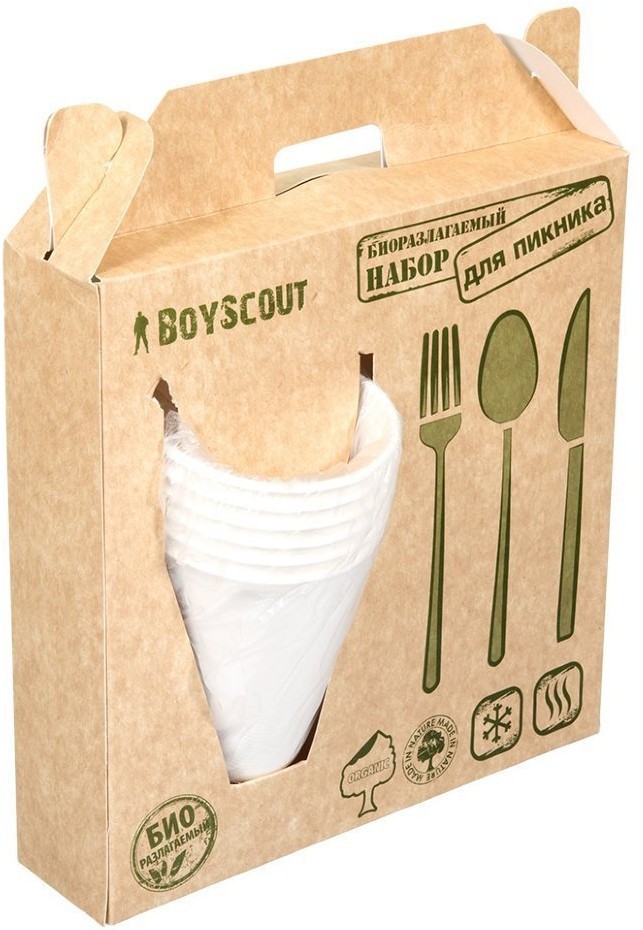 Набор для пикника БИОразлагаемый  (тарелки, стаканы, вилки, ложки, ножи по 6 шт) Boyscout 61151 (54532)