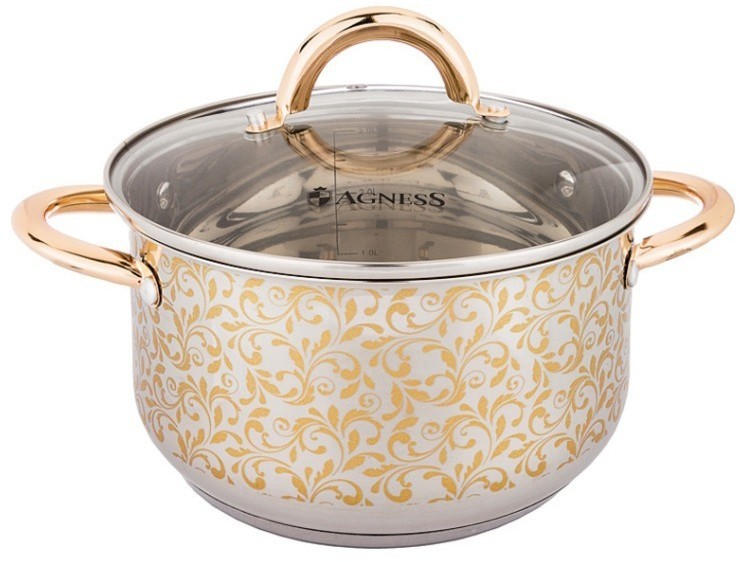 Кастрюля agness со стекл.крышкой, 1,8л, 16х9,5см,высококачественная нерж.сталь 18/10, индукцион.дно Agness (937-742)