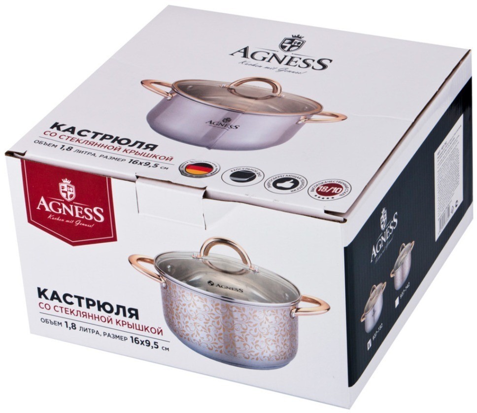 Кастрюля agness со стекл.крышкой, 1,8л, 16х9,5см,высококачественная нерж.сталь 18/10, индукцион.дно Agness (937-742)