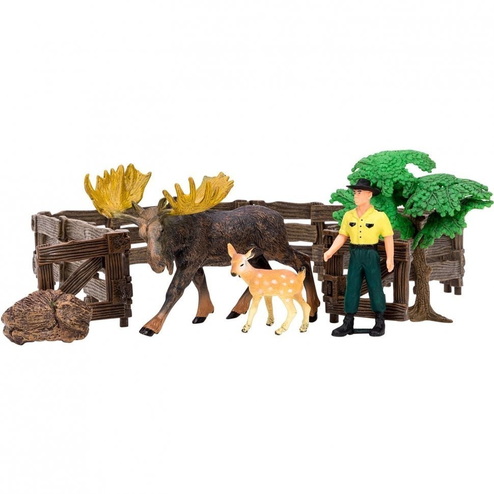 Игрушки фигурки в наборе серии "На ферме", 6 предметов (рейнджер, лось, олененок ограждение-загон, дерево, камень) (ММ205-033)