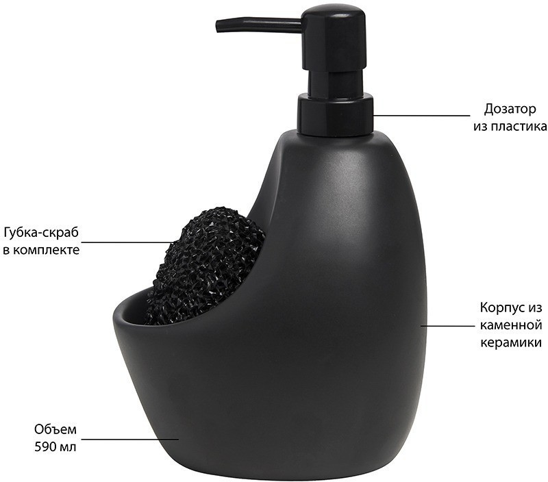 Диспенсер для мыла с подставкой для губки joey, 590 мл, черный (41763)