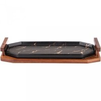 Блюдо для сервировки с деревянными ручками на подставке коллекция &quot;золотой мрамор&quot; 32,5*12,5*5,5 см Lefard (412-174)