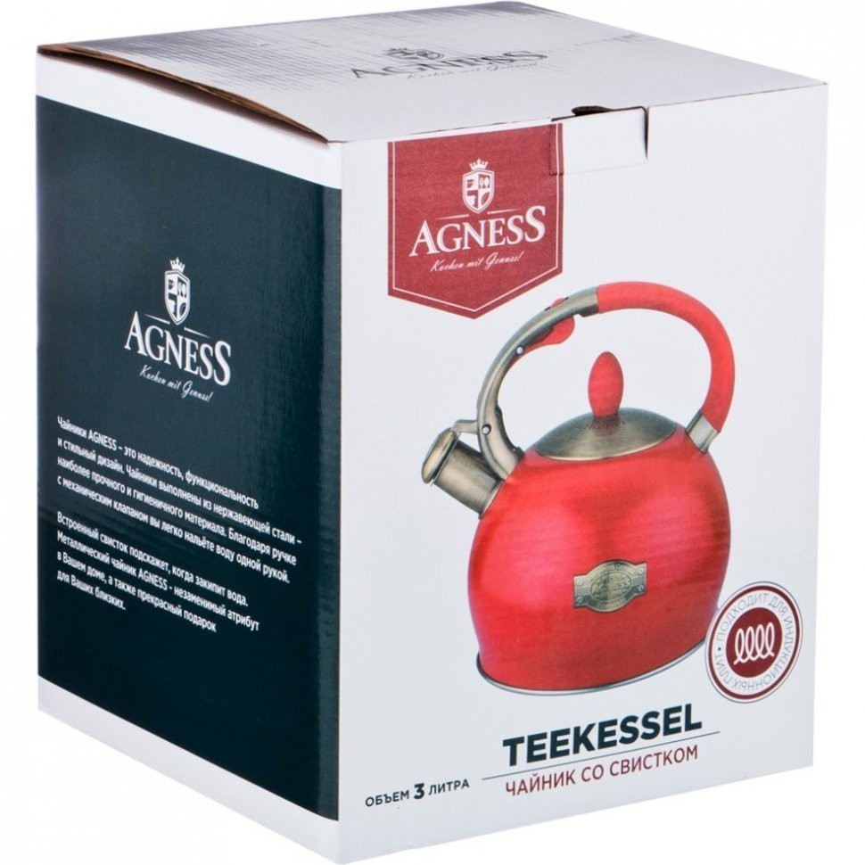 Чайник agness со свистком, серия тюдор, 3,0 л термоаккумулирующее дно, индукция (937-821)