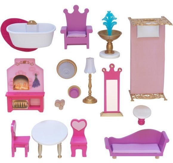 Деревянный кукольный домик "Розовый Замок", с мебелью 16 предмета в наборе, свет, звук, для кукол 30 см (10117_KE)