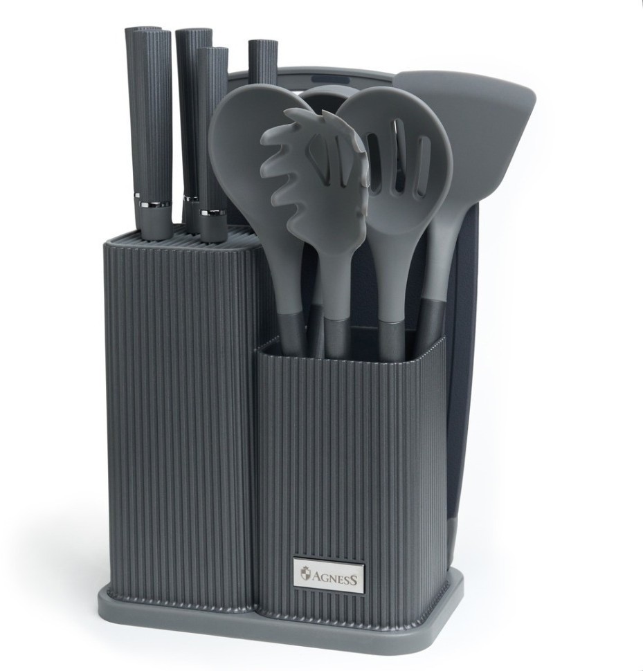 Набор agness из 12пр: 5 ножей,доска,подставка,половник,ложка,лопатка,шумовка,ложка для спагетти (671-214)