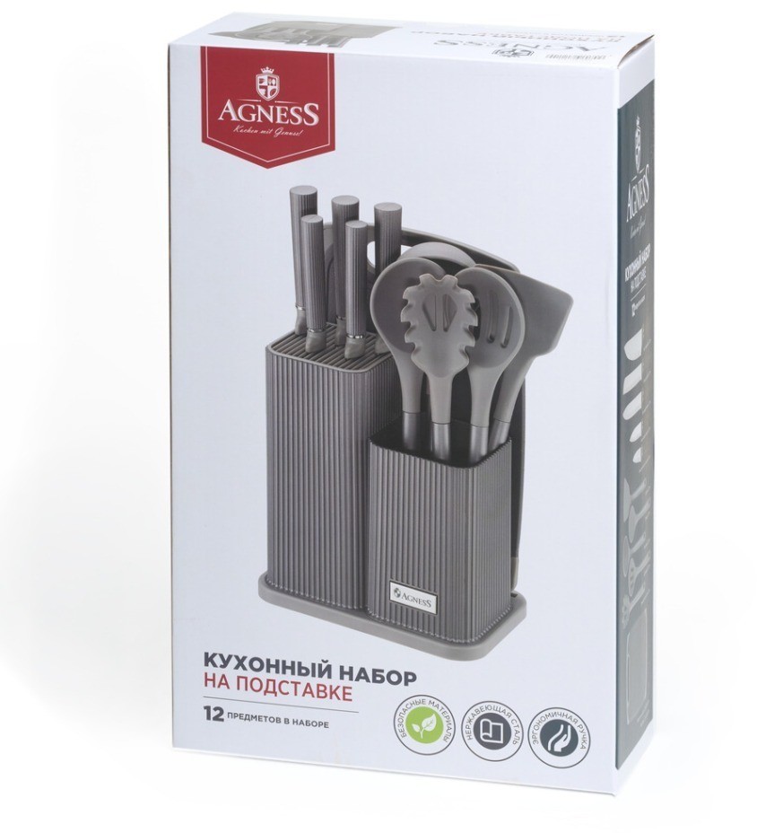 Набор agness из 12пр: 5 ножей,доска,подставка,половник,ложка,лопатка,шумовка,ложка для спагетти (671-214)